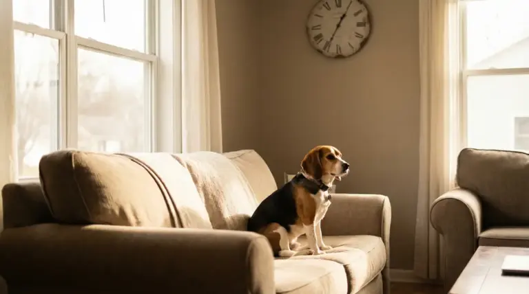 Cane seduto da solo sul divano in salotto, vicino a una finestra illuminata