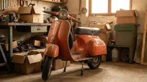 Vespa d’epoca arancione parcheggiata in un garage-officina tra scatole e attrezzi