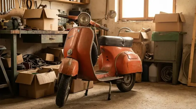 Vespa d’epoca arancione parcheggiata in un garage-officina tra scatole e attrezzi