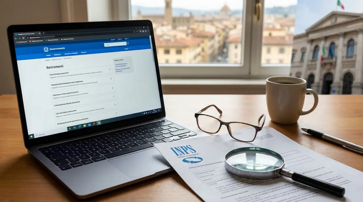 Laptop con pagina del Governo, modulo INPS e lente d’ingrandimento su scrivania, tema pensione anticipata Quota 103