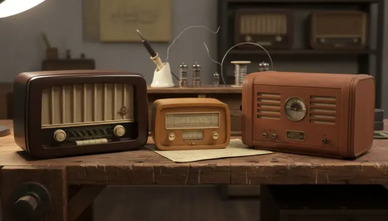 Tre radio a valvole d’epoca su un banco da lavoro, con valvole e strumenti di riparazione sullo sfondo
