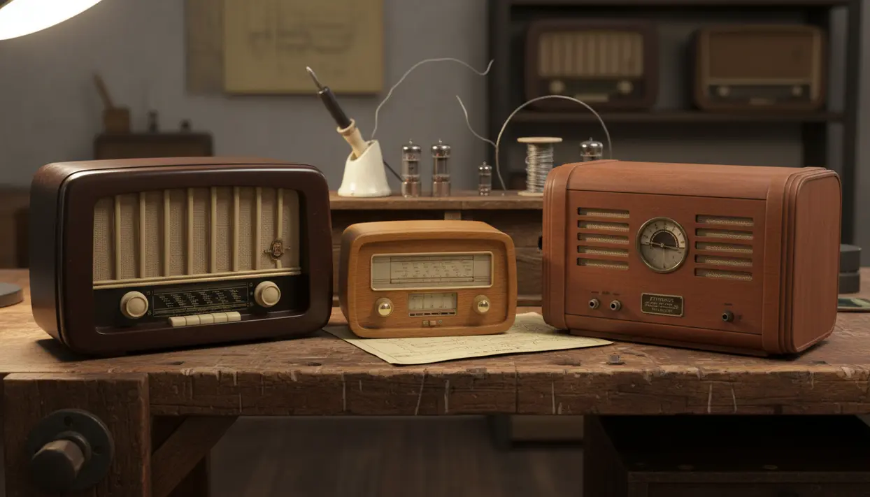 Tre radio a valvole d’epoca su un banco da lavoro, con valvole e strumenti di riparazione sullo sfondo