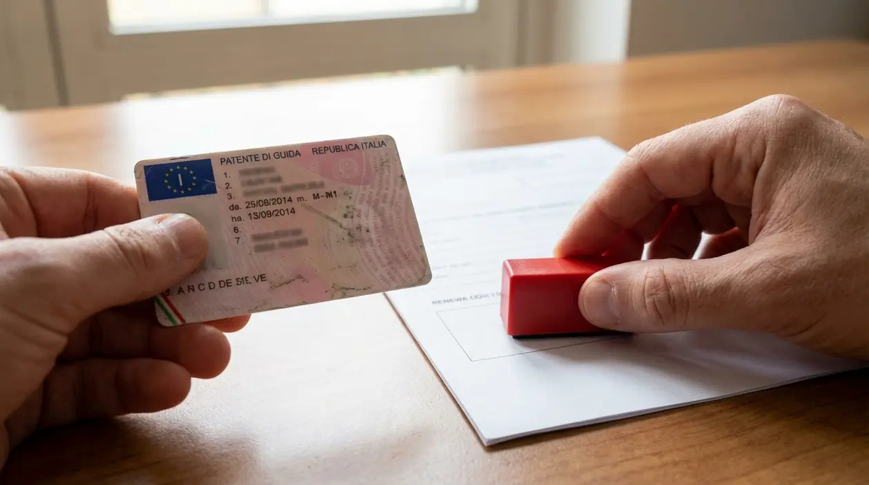 Mani che mostrano una patente di guida italiana e un timbro su un modulo per il rinnovo della patente