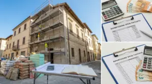Palazzo con ponteggi e operai al lavoro, con documenti e calcolatrice per la ripartizione delle spese facciata condominiale