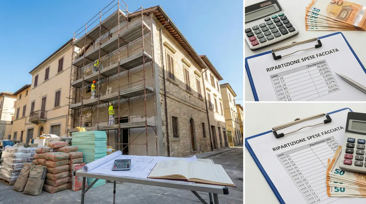 Palazzo con ponteggi e operai al lavoro, con documenti e calcolatrice per la ripartizione delle spese facciata condominiale