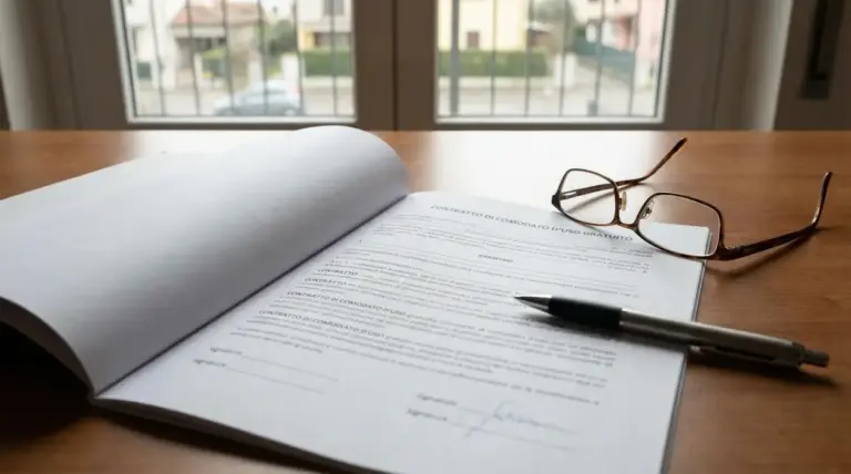 Contratto di comodato d’uso gratuito aperto su un tavolo con penna e occhiali, in un ambiente domestico