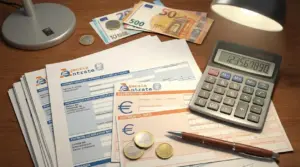 Documenti fiscali su scrivania con calcolatrice, euro e penna, per simulare il saldo dei debiti con il fisco