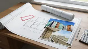 Planimetrie e foto di un edificio su scrivania, per pratica di sanatoria di abusi edilizi