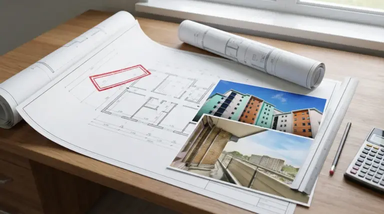 Planimetrie e foto di un edificio su scrivania, per pratica di sanatoria di abusi edilizi