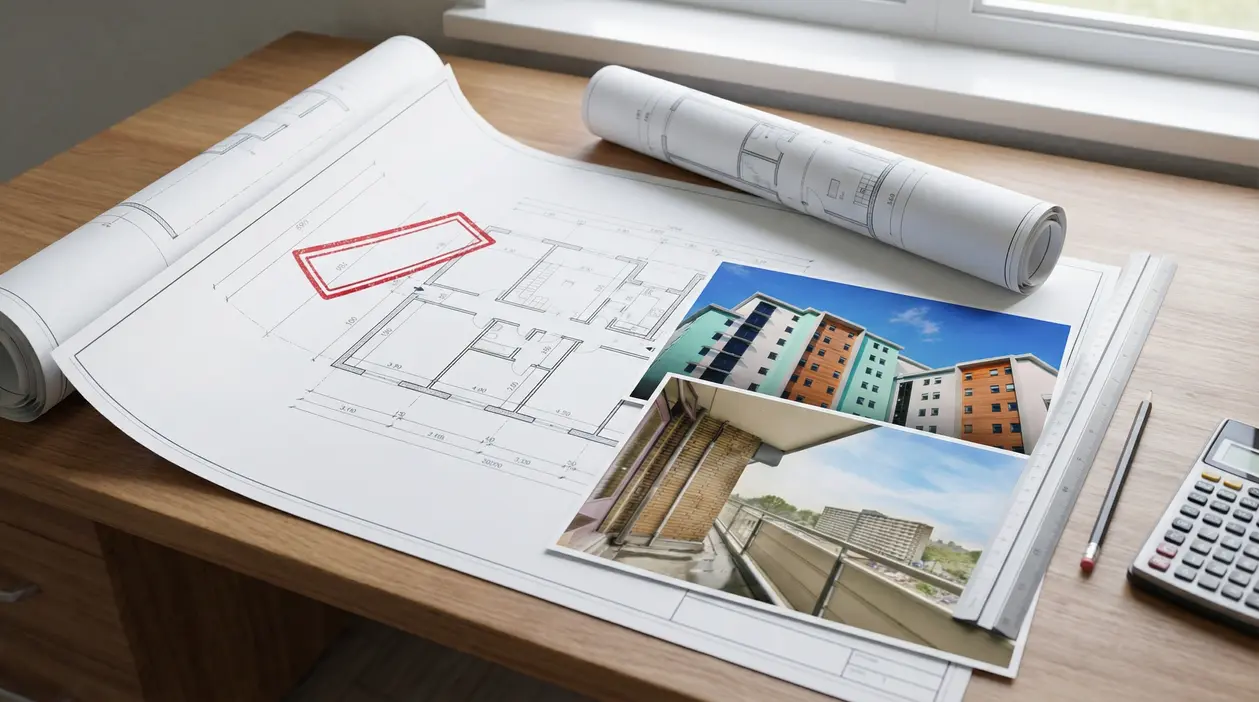 Planimetrie e foto di un edificio su scrivania, per pratica di sanatoria di abusi edilizi