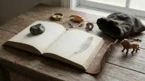 Quaderno aperto su tavolo di legno con piuma bianca, pietra e piccoli oggetti, atmosfera simbolica e introspettiva