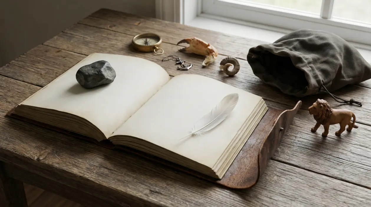 Quaderno aperto su tavolo di legno con piuma bianca, pietra e piccoli oggetti, atmosfera simbolica e introspettiva