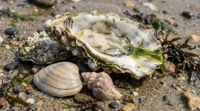 Conchiglia aperta simile a un’ostrica sulla sabbia, con alghe e altri gusci di molluschi attorno
