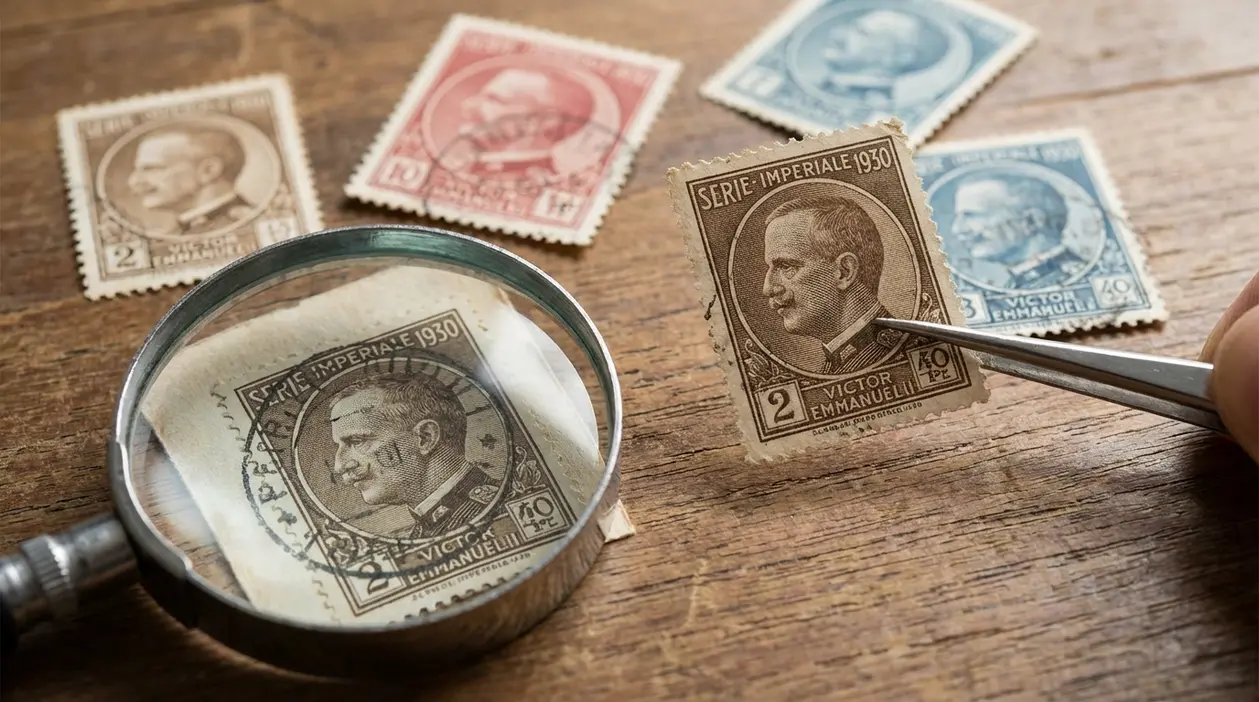 Francobolli italiani Serie Imperiale 1930 su tavolo, uno osservato con lente e uno tenuto con pinzette