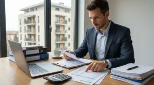 Persona in ufficio che controlla documenti e calcola compensi, con palazzo residenziale sullo sfondo