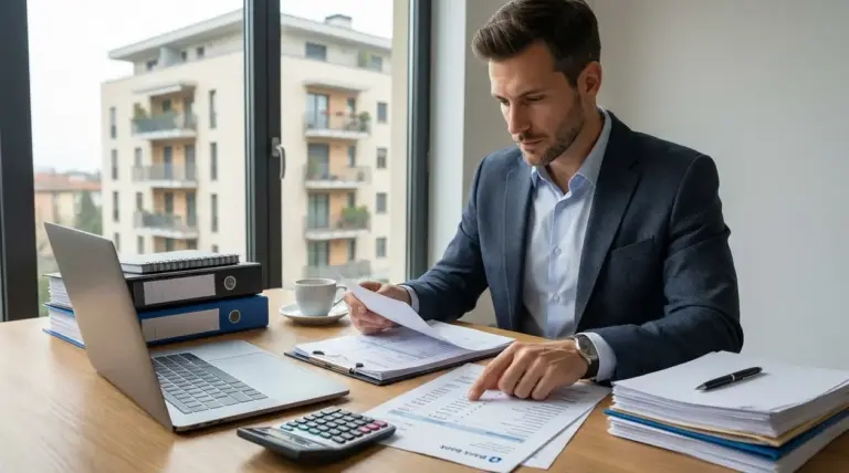 Persona in ufficio che controlla documenti e calcola compensi, con palazzo residenziale sullo sfondo