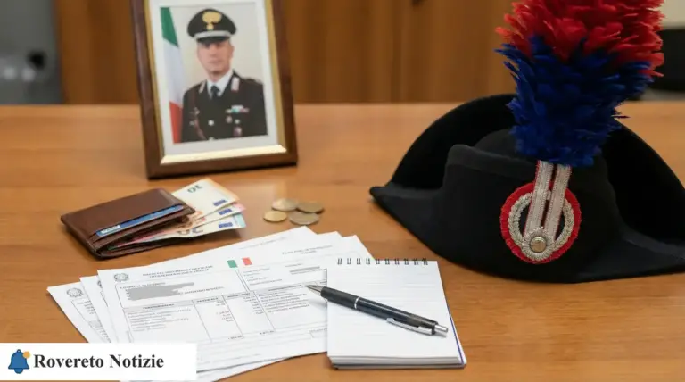 Cappello dei carabinieri su una scrivania con buste paga, banconote e monete, taccuino e portafoglio