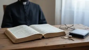 Sacerdote in abito talare seduto a un tavolo con registro aperto, portafoglio, monete e occhiali