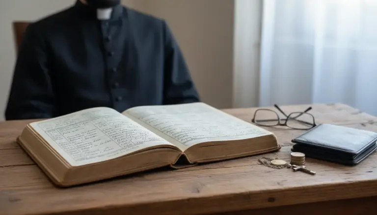 Sacerdote in abito talare seduto a un tavolo con registro aperto, portafoglio, monete e occhiali