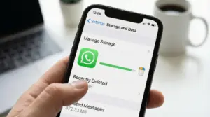 Mano che tiene uno smartphone con le impostazioni di archiviazione di WhatsApp aperte per gestire e svuotare la memoria
