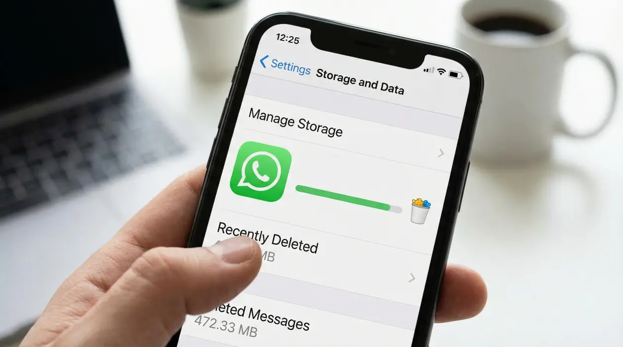 Mano che tiene uno smartphone con le impostazioni di archiviazione di WhatsApp aperte per gestire e svuotare la memoria