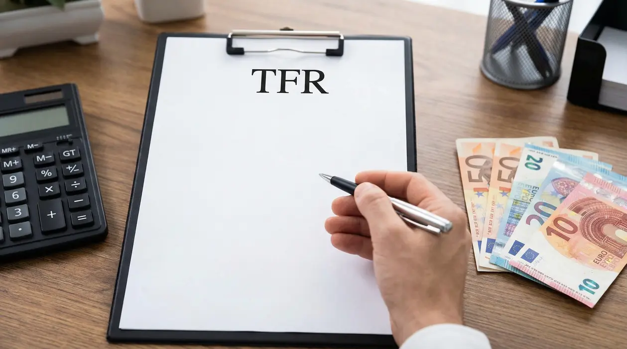 Mano con penna su documento TFR su scrivania con calcolatrice e banconote in euro