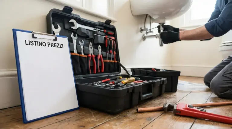 Cassetta degli attrezzi e listino prezzi vicino a un idraulico al lavoro sotto un lavabo in bagno
