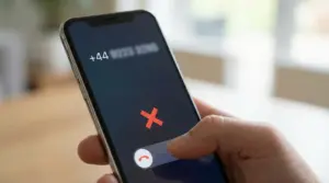 Mano che rifiuta una chiamata sospetta su smartphone da numero con prefisso internazionale +44