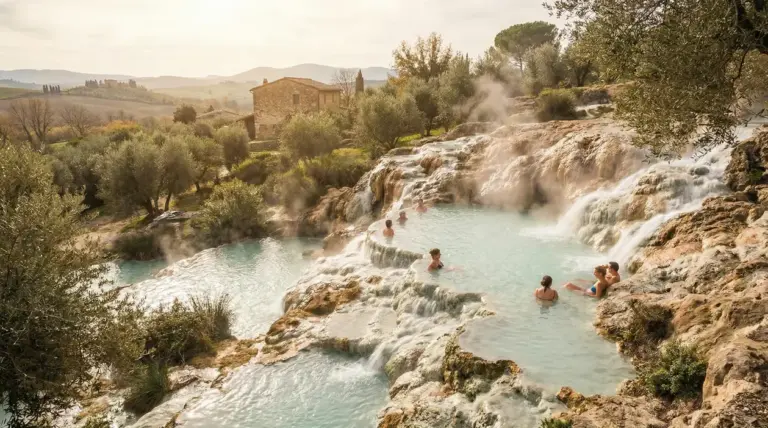 Piscine naturali di acqua termale con persone in relax tra rocce, vapori e colline della campagna italiana