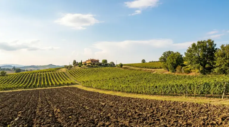 Terreno agricolo con filari di vigneto su colline e casale in lontananza sotto un cielo sereno