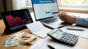 Scrivania con laptop per home banking, tablet con grafico in calo, calcolatrice, contanti in euro e documenti