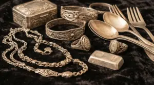 Gioielli e oggetti in argento vintage, tra bracciali, collane, anelli e posate, su fondo scuro