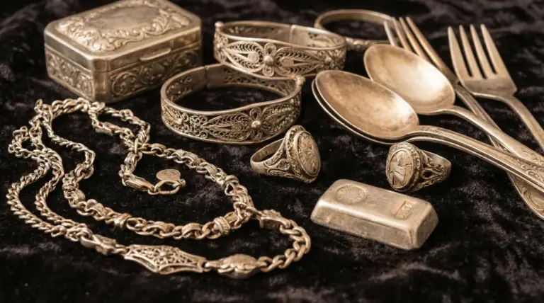 Gioielli e oggetti in argento vintage, tra bracciali, collane, anelli e posate, su fondo scuro