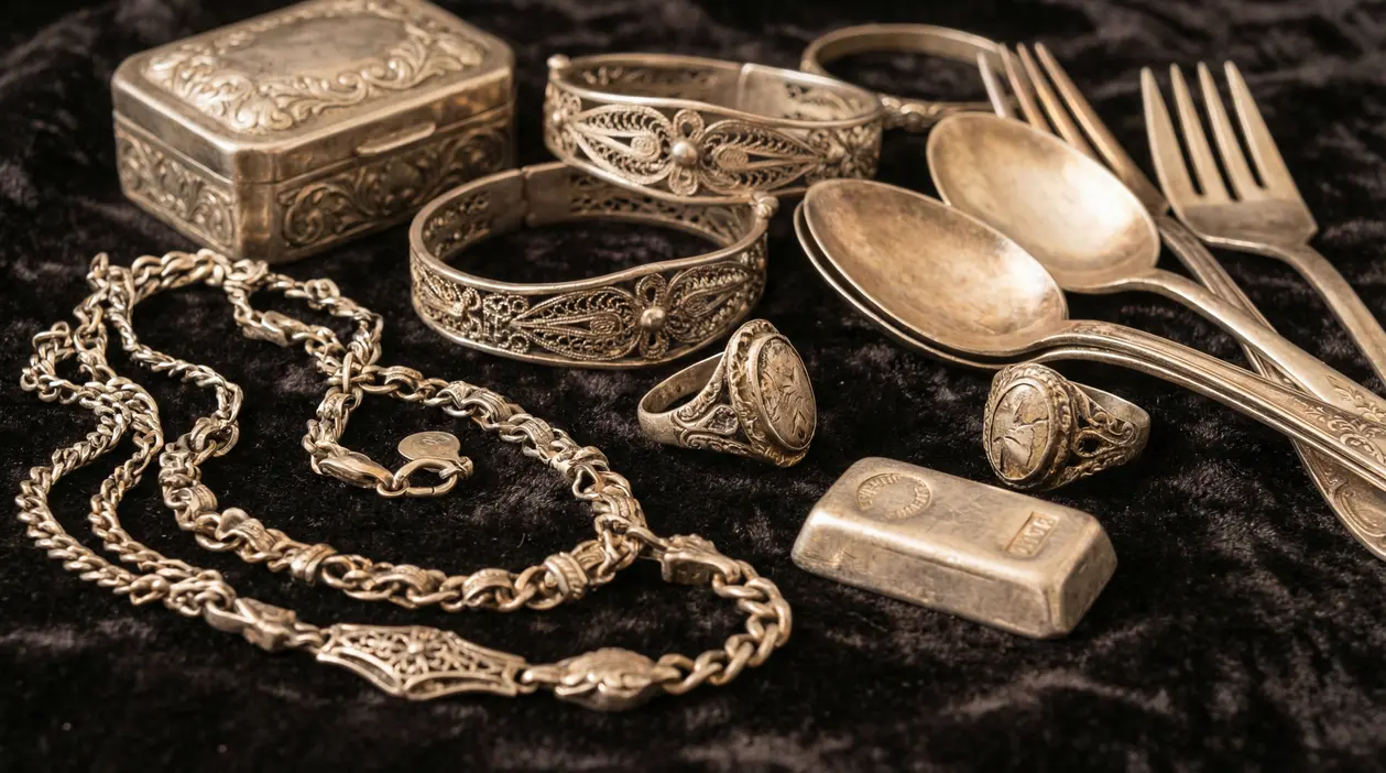 Gioielli e oggetti in argento vintage, tra bracciali, collane, anelli e posate, su fondo scuro