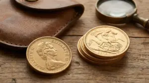 Sterline d’oro su un tavolo di legno con lente d’ingrandimento e custodia in pelle