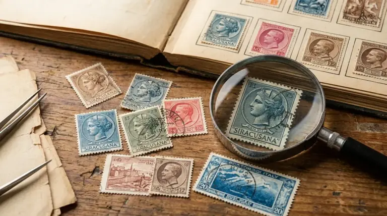 Francobolli vintage su tavolo con album aperto e lente d’ingrandimento per valutarne rarità e condizioni