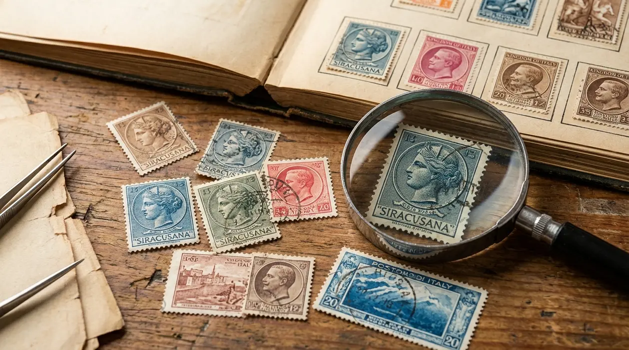 Francobolli vintage su tavolo con album aperto e lente d’ingrandimento per valutarne rarità e condizioni