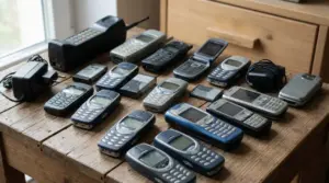 Vecchi cellulari e accessori su un tavolo di legno, modelli vintage con tastiera e antenne