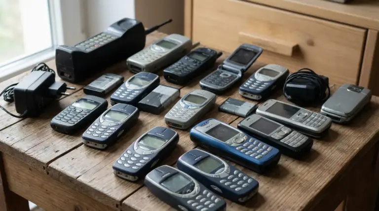 Vecchi cellulari e accessori su un tavolo di legno, modelli vintage con tastiera e antenne