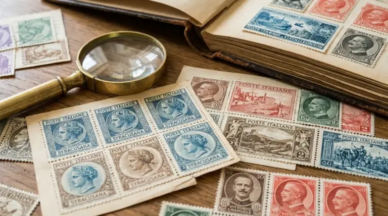 Francobolli italiani d’epoca su un tavolo, con lente d’ingrandimento e album di collezione aperto