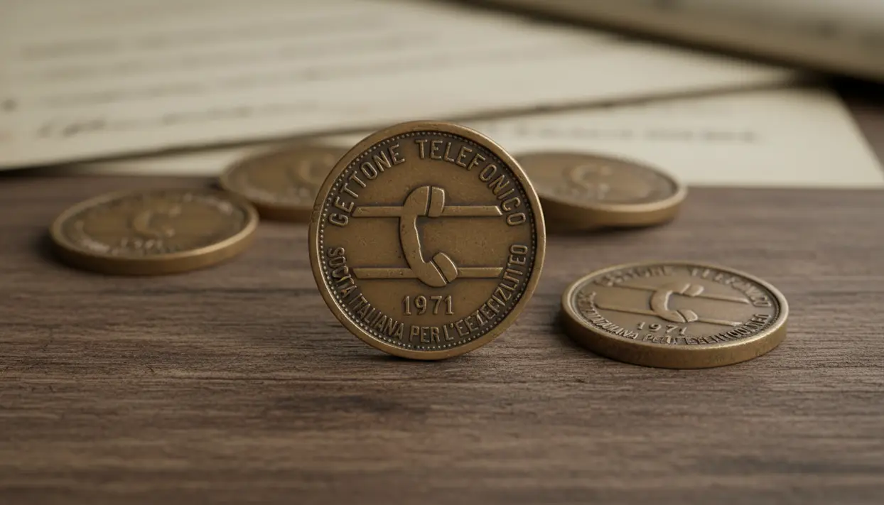 Primo piano di vecchi gettoni telefonici SIP su un tavolo, con un gettone in evidenza e altri sullo sfondo