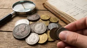 Collezione di monete su tavolo con lente d’ingrandimento e mano che seleziona alcune monete