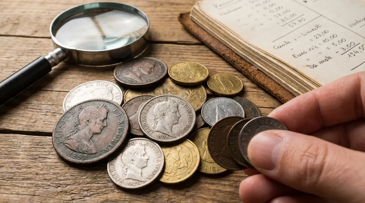 Collezione di monete su tavolo con lente d’ingrandimento e mano che seleziona alcune monete