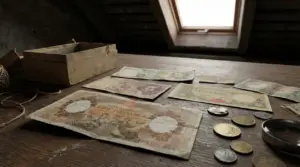 Vecchie banconote e monete in lire su un tavolo di legno, come ritrovate in soffitta