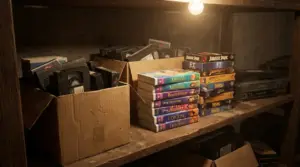 Scatole e pile di videocassette VHS su uno scaffale in cantina, con videoregistratore sullo sfondo