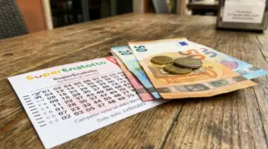 Schedina del SuperEnalotto con banconote e monete in euro appoggiate su un tavolo di legno