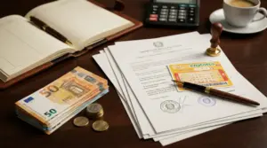 Documenti notarili con timbro, penna, calcolatrice e contanti in euro accanto a una schedina del Superenalotto
