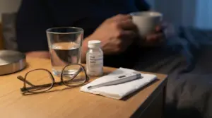 Occhiali, termometro, acqua e sali reidratanti su un comodino accanto a una persona indisposta